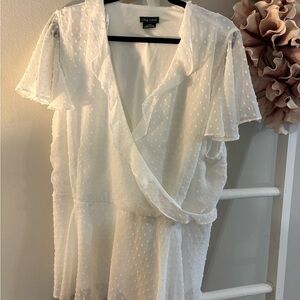 City Chic White Swiss Dot Wrap Blouse with Flutter Sleeves